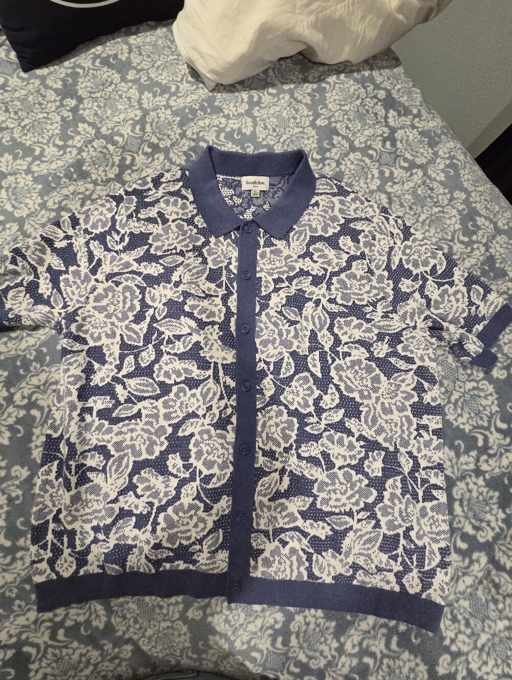 Goodfellow & Co Navy and White Floral Button-Front Polo Shirt